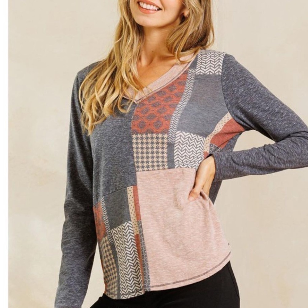 Ces Femme | NIP Charcoal Multi Color Block V-Neck Long Sleeve Top M - Picture 7 of 7